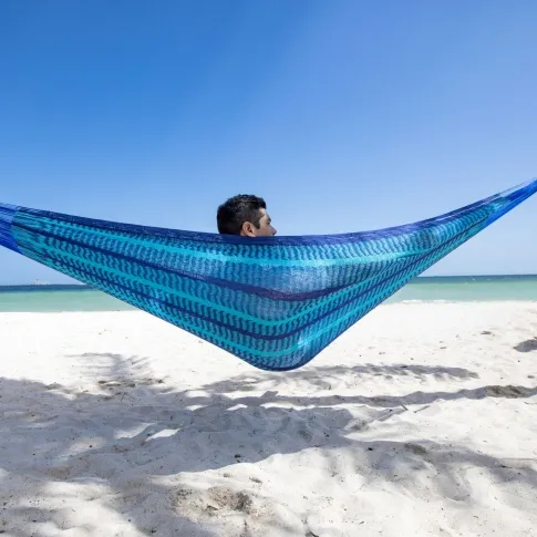 Mexican net hammock double dark and light blue by MacaMex MA-00027 color blau