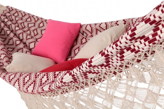 Brasil Deluxe Jacquard Barrique double hammock cotton white red with Macrame by MacaMex MA-01105 color rot